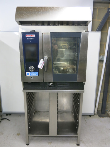 Rational iCombi Professional 6 Grid Oven, Model LM100BE.AXAXX, S/N E61SJ20072836931, YOM 2020, 3 Phase. Comes with Rational Vent Hood, Model LMZ100BE.AAA, S/N ET1DA20075042116 & Stainless Steel 10 Grid Table, Part Full Care Tab & Cleaner Tab Tubs. Overall