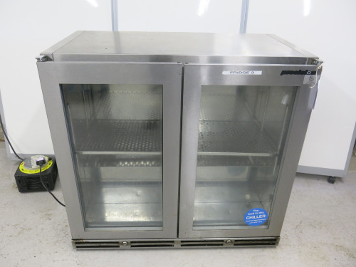 Precision Stainless Steel Double Glass Door Back Bar Drinks Chiller, Model BBS900, S/N 160192. Size H85 x W90 x D50cm.