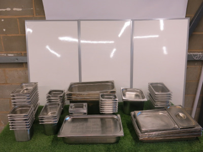 77 x Assorted Sized Stainless Steel GN Containers to Include: 3 x Steam 1/1, 15 x 1/1, 7 x 1/2, 19 x 1/3, 4 x 1/4 , 23 x 1/6 & 8 x 1/9.