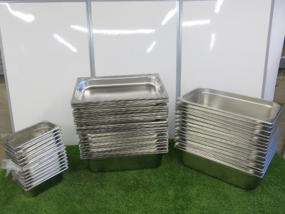 66 x New Vogue Assorted Sized Stainless Steel GN Containers to Include: 53 x 1/1 & 13 x 1/4.