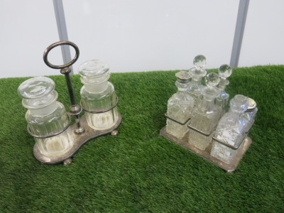 English Silver Plate & Cut Crystal Double Jar Set & 6 Piece Silver Plate & Cut Crystal Condiment Set. Note: missing handle on stand.