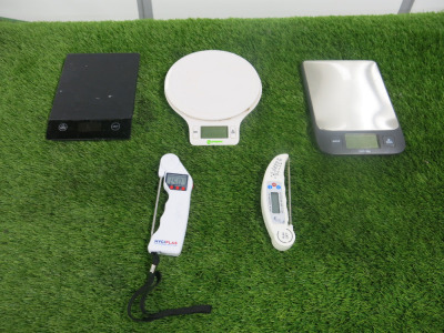 3 x Assorted Digital Scales & 2 x Digital Thermometer.