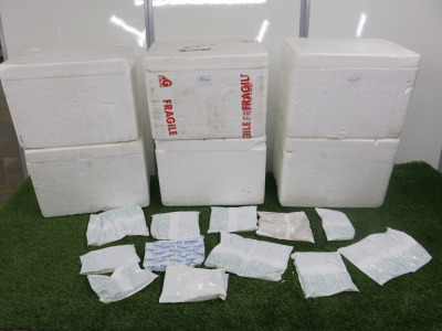 10 x Assorted Sized Ice Packs &6 x Polystyrene White Boxes with Lids, Size H28 x W40 x D30cm.