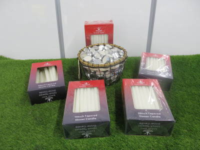 4 x Boxed/New Karan King 10" Tapered Dinner Candle 50pc per Box & 1 x Opened Box. Comes with a Quantity of Tea Lights.