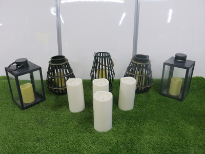 Quantity of Lanterns & Imitation Led Candles to Include: 3 x Wooden Lanterns, 2 x Metal Lanterns & 9 x Assorted Sized Imitation Led Candles.