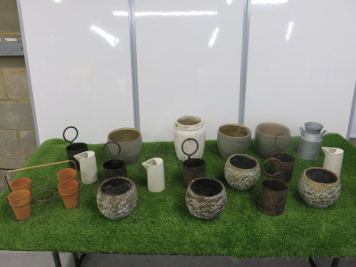 Quantity of Vases & Flower/Plant Holders to Include: 5 x Metal Plant Holders, 8 x Ceramic Vases, 3 x Ceramic Jugs, 1 x Metal Urn & Set of 4 Terracotta Planters.