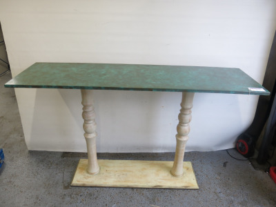 High Poser/Dining Table Wrapped in Green Oxidized Copper Top On Twin Wood Pedestal. Size H115 x W200 x D60cm.