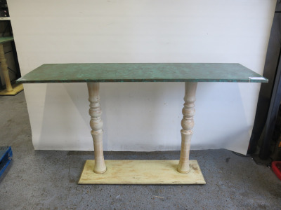 High Poser/Dining Table Wrapped in Green Oxidized Copper Top On Twin Wood Pedestal. Size H115 x W200 x D60cm.