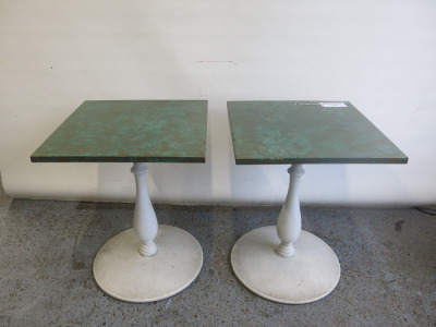 Pair of Dining Tables Wrapped in Green Oxidized Copper Top on Metal Bases. Size H74 x W60 x D60cm.