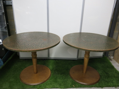 Pair of Round Dining Tables Wrapped in Hammered Copper on Turned Wood Bases. H75 x Dia 90cm.