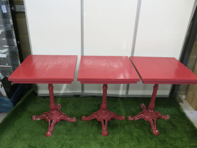 6 x Painted Red Wooden Top Dining Tables on Cast Iron Heavy Metal Bases. Size H77 x W60 x D60cm.