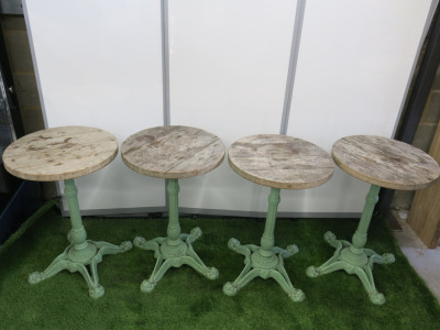 4 x Round Wooden Top Tables on Painted Green Cast Iron Heavy Metal Bases. Size H73 x Dia 50cm.