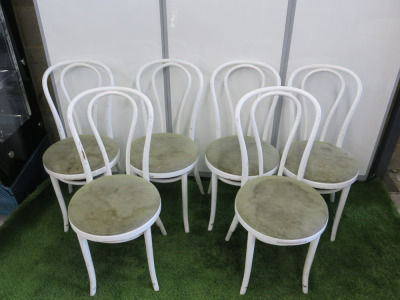 10 x Fameg White Bentwood Bistro Chair with Green Upholstered Seat. NOTE: requires cleaning.