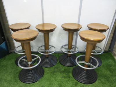 Set of 6 Dark Wood High Stool with Cast Iron Base & Chrome Foot Rest. Size H77cm.