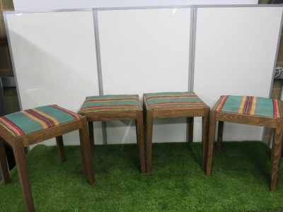 4 x Wooden Small Stall with Fabric Seat. Size H45 x W38 x D38cm.NOTE: fabric requires cleaning.