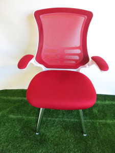 Luna Designer High Back Mesh Cantilever Visitor Chair in Red/White on Chrome Frame.