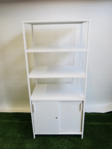 Ikea Trotten 2 Sliding Door Metal Cabinet in White with 2 Shelves Over & 2 Shelves Under, Size H179 x W80 x D55cm.