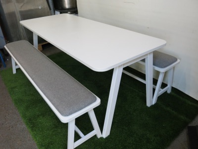 Calibre Loco Refectory Low Bench Wooden Table, Finished in White, Size H75 x W200 x D80cm & 2 x Seating Benches with Padded Seat in Grey, Size H50 x W185 x D33cm.