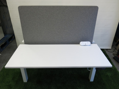 Calibre Two Person Change Electric Height Adjustable Desk, Finished in White with Frameless Desk Mounted Screen & Memory Keypad. Size H65-130 x W140 x D140cm.