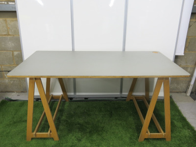 Plywood Desk with Grey Formica Top & A Frame Wooden Legs.