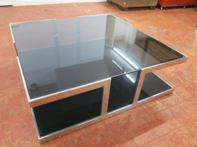 Chrome & Smoked Glass Coffee Table. Size H32 x W100 x D100cm.