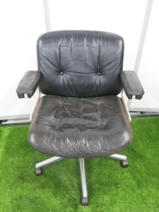 Vintage Giroflex Bentwood Office Swivel Chair Upholstered in Black Leather. NOTE: seat requires repair.