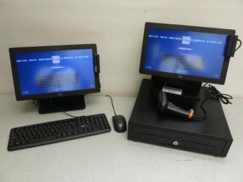 2 x Elo EPOS 15" Touchscreen POS, Model ESY 15E2, Running Windows Embedded POSReady 7, Intel Celeron CPU J1900 @ 1.99Ghz, 4096mb