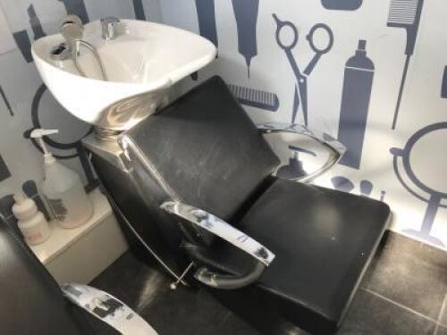 Hair Salon Back Wash Chair with Adjustable Seat, Ceramic Sink and Flexible Spray Unit. Chrome Framed with Black PVC Wipe Clean Seat & Back.