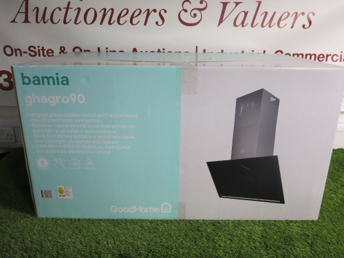 Boxed/New GoodHome Bamia Glass Angled Cooker Hood, Model GHAGRO90.