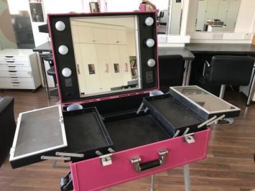 Portable Make Up Professionals Suitcase with Fitted Mirror in Pink, Lights & Fold Out Compartments and Detachable Legs, Pull Out Handle and Wheels.