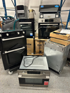 11 x Assorted Appliances (Damaged/Used Condition Unknown) for Spares or Repair to Include: 2 x Samsung Ovens (Glass Damaged), Cook & Lewis Double Oven (Used), Beko Oven, 2 x Hoover Ovens, Candy Hood (Glass Damaged), Integrated Kingfisher Slimline Dishwash