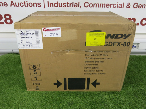 Boxed/New Candy 900w Integrated Microwave Oven, Model MIC25GDFX-80, S/N 3890067423130063.