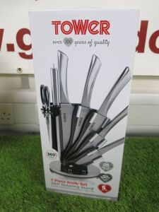 Boxed Tower 7 Piece Knife Set in Stainless Steel on 360 Rotating Stand.