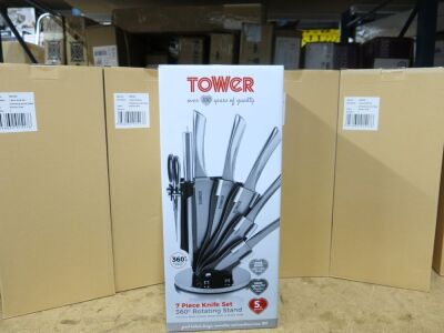 5 x Boxed Tower 7 Piece Knife Set in Stainless Steel on 360 Rotating Stand.