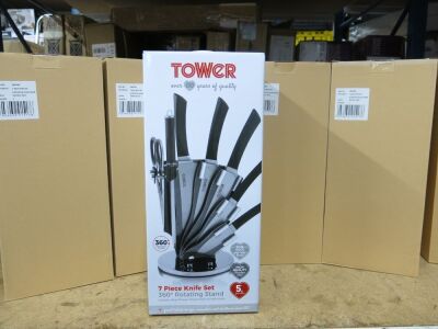 5 x Boxed Tower 7 Piece Knife Set in Black on 360 Rotating Stand.