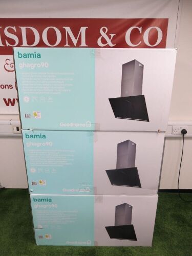 3 x Boxed/New Good Home Bamia Glass Angled Cooker Hood, Model GHAGRO90.