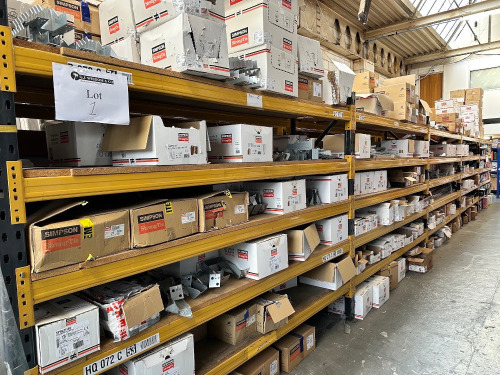 Simpson Strong-Tie Stock on 7 x Bays of Approx 30 Shelves to Include: Assorted Joist Hangers, Concealed Flange Hangers, Angle Brackets, Joist Notch Reinforcement Kit, Framing Anchors, Frame Ties, Twist Strap, Deck Tension Ties, Mening Plates, Truss Hanger