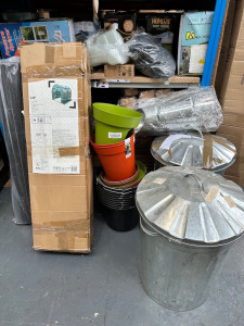 4 x Shelves of Assorted Gardening Tools, Items & Accessories to Include: Garden Hoses, Poly Tunnel, Covers, Rolls of Mesh & Weed Control Fabric, All Pond Solutions, Garden Trolley, Blower/Vacuum, Hedge Trimmer Black Buckets & 2 x Metal Bins.