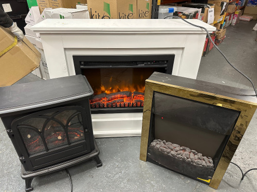 Quantity of Assorted Home Fire Places & Heaters to Include: 2 x Set of Stone Fire Surround/Hearth (Unchecked) & 2 x Ex-Display Wooden Fire Surrounds with Electrical Fire Insert & 1 x Electric Stove Fire, 1 x Electric Fire & 1 x FocalPoint Panoramic Electr