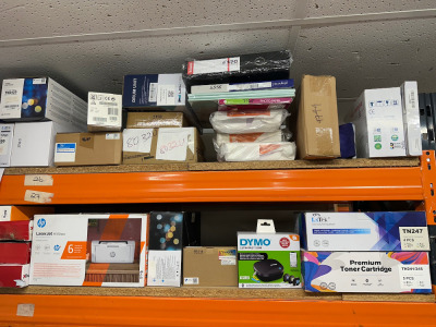 2 x Shelves of Assorted Printer Cartridges, Toners & Other IT Equipment to Include: LaserJet, Dymo, Brother Etc (As Viewed/Inspected).