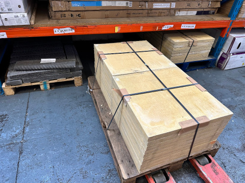 3 x Pallets of Paving Slabs & Edging to Include: 40 x Sand Coloured Slabs Size 60 x 60 x 4cm & 20 x Dark Grey Edging Strips Length 60cm.
