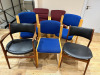 9 x Assorted Wooden Frame Chairs to Include: 2 x Walnut & Black Faux Leather Danish, 2 x Purple & 5 x Blue Hopsack.