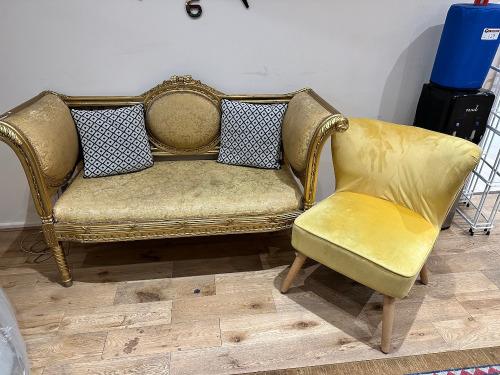 Ornate Gold Frame 2 Seater Chair & Yellow Lounge Chair.