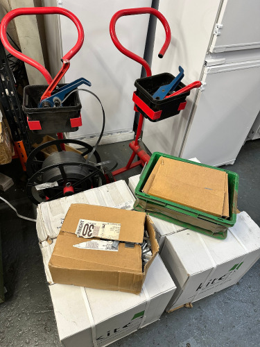 2 x Mobile Banding Trollies with 6 x Boxes of Kite Polypropylene Strapping & 2 x Boxes of Metal Clips.
