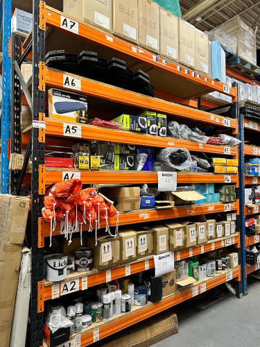 8 x Bays of Dark Grey & Orange Boltless Racking to Include: 14 x 70cm Deep Uprights (Height 2 x 300cm & 12 x 215cm), 78 x Crossbeams (Width 270cm) & 39 x Wooden Shelves.