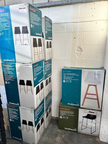 8 x Boxes of GoodHome Bar Stools to Include: 6 x Cartons of 2Pcs Bandel Dark Grey Fixed Leg Bar Stool, Size H100cm & 1 x Piaya White Fixed Leg Bar Stool & 1 x Mirasol Black Leather Effect Barstool.