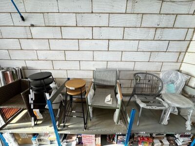 13 x Assorted GoodHome Chairs & Stools to Include: 3 x Maloux Stalls, 2 x Black Metal Stool with Natural Wood Top, 2 x Vernon Steel Chair, 1 x Apolima Rope Bistro Chair, 4 x Barbana Blooma Chairs & 1 x Wicker Garden Chair.