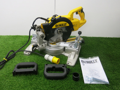 Boxed Reconditioned DeWalt Sliding 216mm Electric Mitre Saw, Model DWS773-LX, 110V, Cut Depth 70mm. NOTE: damaged as viewed/pictured.