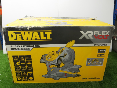 Boxed DeWalt Brushless XR Flex Volt 305mm Mitre Saw, Model DHS780, Cut Depth 112mm. NOTE: requires 2 x rechargeable 54v batteries