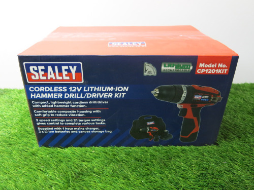 Boxed Sealey Cordless 12v Lithium-Ion Hammer Drill/Driver Kit, Model CP1201KIT.